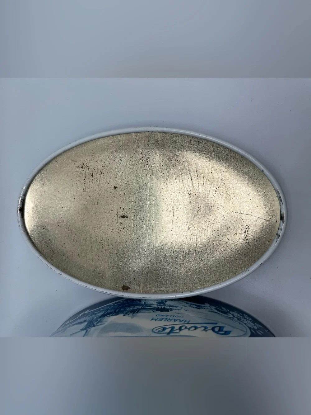 Vintage Droste Holland Oval Metal Candy Tin White And Blue Design